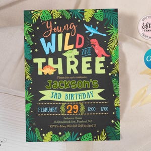 Editable Young Wild & Three Dinosaur Birthday Invitation, Dinosaurs 3rd Birthday Invitation, Boy Dinosaur Party Chalkboard Invitation CEP037