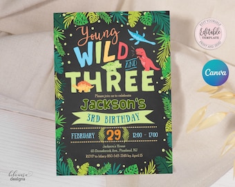 Editable Young Wild & Three Dinosaur Birthday Invitation, Dinosaurs 3rd Birthday Invitation, Boy Dinosaur Party Chalkboard Invitation CEP037