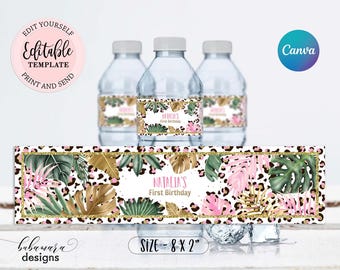 Editable Wild Leopard Print Water Bottle Label, Girl Jungle Bottle Label, Safari Any Birthday Party Water Label Digital Leopard Label CEP086