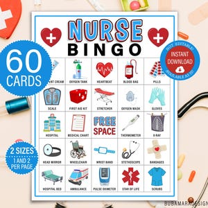 60 cartes de bingo pour infirmière, activité de bingo médical à imprimer, activité de bingo médecin, jeu de société de remise de diplôme d'infirmière à téléchargement immédiat pour adultes