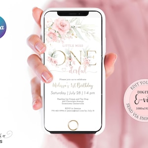 Floral Little Miss Onederful Birthday Evite, Editable First Birthday Electronic Invitation Girl, Floral 1st Birthday Digital E-vite CEP073