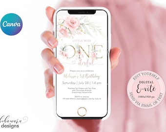 Floral Little Miss Onederful Birthday Evite, Editable First Birthday Electronic Invitation Girl, Floral 1st Birthday Digital E-vite CEP073