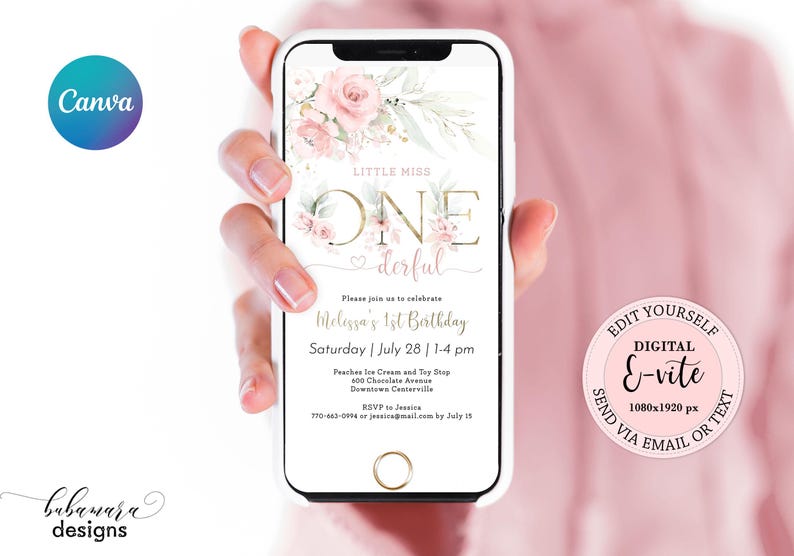 Evite d'anniversaire florale Little Miss Onederful, invitation électronique modifiable pour le premier anniversaire fille, E-vite d'invitation numérique 1er anniversaire floral CEP073 image 1