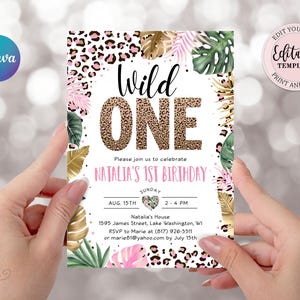 Editable Wild One Leopard Print Invitation, Jungle Birthday Party Invite Girl, Leopard Print Safari 1st Birthday Digital Invite CEP086