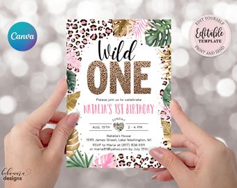 Editable Wild One Leopard Print Invitation, Jungle Birthday Party Invite Girl, Leopard Print Safari 1st Birthday Digital Invite CEP086