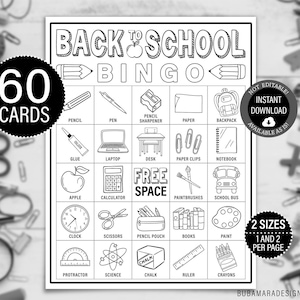 60 Back to School Bingo Cards, Printable Coloring School Bingo, Classroom Bingo Board Activity, Instant Download First Day of School Bingo