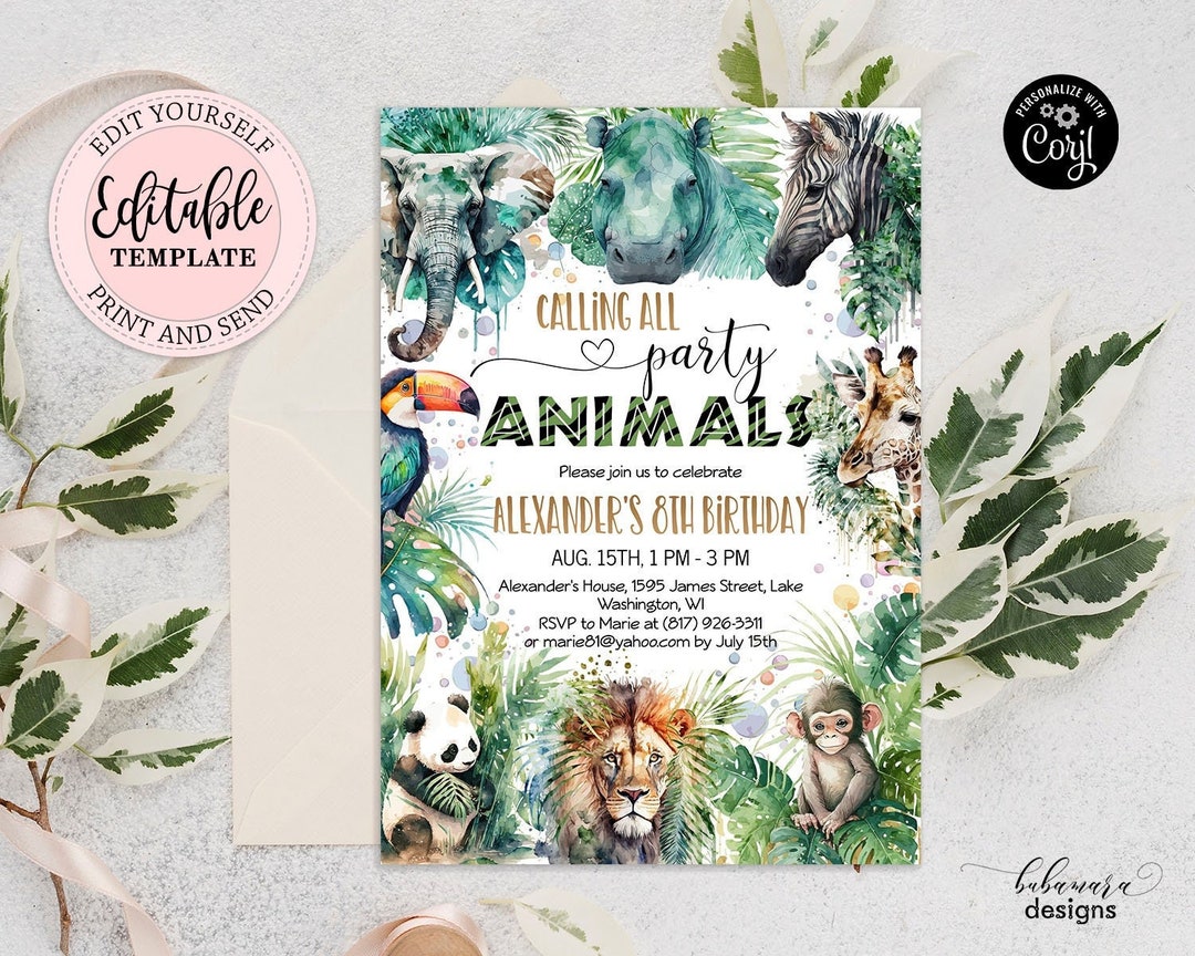 Editable Calling All Party Animals Safari Birthday Invitation Boy ...
