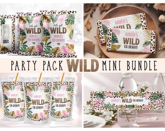 Peut inclure: Un ensemble de fête comprenant des étiquettes personnalisées pour sachets de chips, barres chocolatées, gourdes et bouteilles d'eau. Chaque article présente un motif de feuilles tropicales et léopard avec le texte Let's get WILD, Natalia's 6th Birthday.