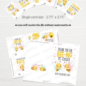 May include: Digital Valentine's Day cards with bee-themed illustrations. The cards feature phrases like "Bee My Valentine" and "You Make My Heart Buzz." The PDF file size is 11" x 8.5".