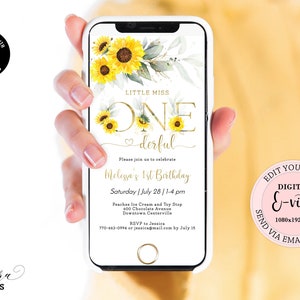 Sunflower Little Miss Onederful Birthday Evite, Editable 1st Birthday Electronic Invitation Girl,  Yellow Gold Digital E-vite CEP143