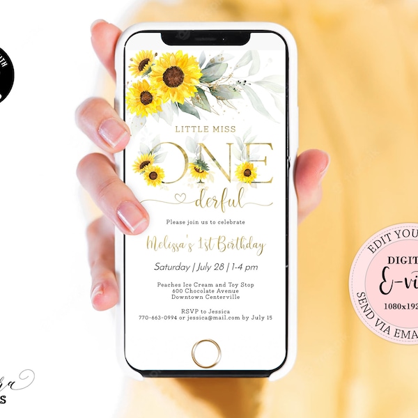 Sunflower Little Miss Onederful Birthday Evite, Editable 1st Birthday Electronic Invitation Girl,  Yellow Gold Digital E-vite CEP143