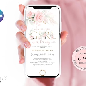 Editable Sweet Girl Baby Shower Evite, It's a Girl Baby Shower Electronic Invitation, Pink Gold Floral Baby Shower Digital E-vite CEP073