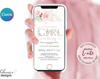 Editable Sweet Girl Baby Shower Evite, It's a Girl Baby Shower Electronic Invitation, Pink Gold Floral Baby Shower Digital E-vite CEP073