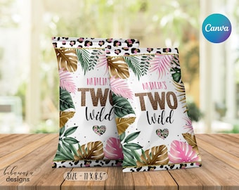 Editable Two Wild Leopard Print Chip Bag, Girl Jungle Chip Bag, Safari 2nd Birthday Party Snacks Treats Favor Digital Chip Bag CEP086