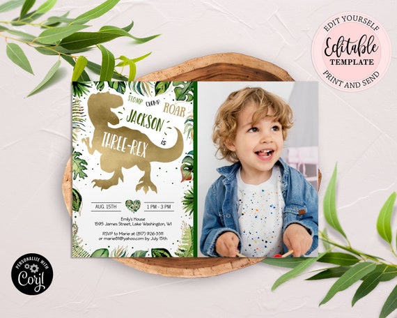 Watercolor Dinosaur Girl Birthday Invitation 