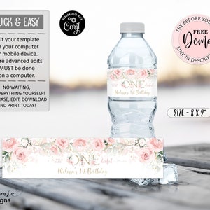 Blush Pink Floral Onederful Water Bottle Label, Editable Pink Gold Water Bottle Label Template, Girl 1st Birthday Watter Bottle Label CEP073 image 3