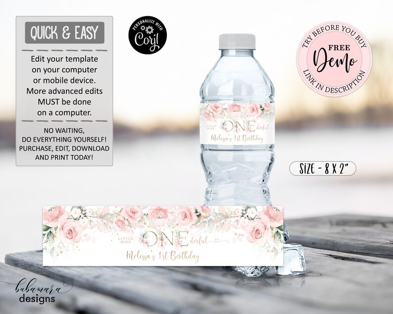 Blush Pink Floral Onederful Water Bottle Label, Editable Pink Gold Water Bottle Label Template, Girl 1st Birthday Watter Bottle Label CEP073 image 3