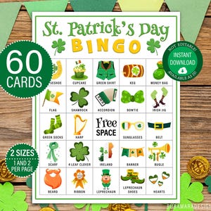 60 tarjetas de bingo del Día de San Patricio, actividad de tablero de bingo, actividad para el aula para niños, juego de mesa de descarga instantánea para niños y adultos