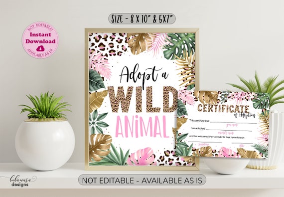 Adopt a Wild Animal Birthday Sign Girl, Safari Table Sign, Printable Leopard Adoption Certificate, Wild Zoo Party Jungle Sign CEP086