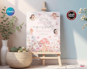 Editable Fairy First Birthday Welcome Sign, Enchanted Garden Party Pink Floral Butterfly Mushroom, Canva Template BD001