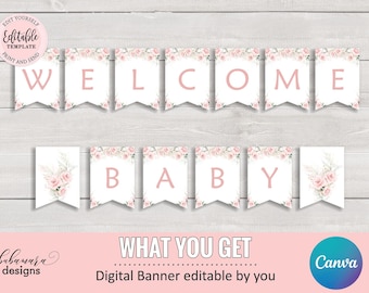 Editable Blush Pink Floral Baby Shower Banner, Welcome Baby Banner, Girl Pink Blush Gold Baby Shower Flag Banner CEP073