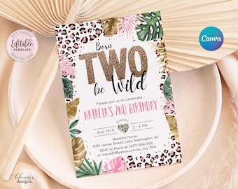 Editable Two Wild Leopard Print Invitation Girl, Jungle Birthday Party Invite, Leopard Print Safari 2nd Birthday Digital Invite CEP086