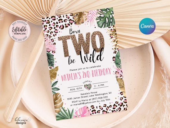 Editable Two Wild Leopard Print Invitation Girl, Jungle Birthday Party Invite, Leopard Print Safari 2nd Birthday Digital Invite CEP086