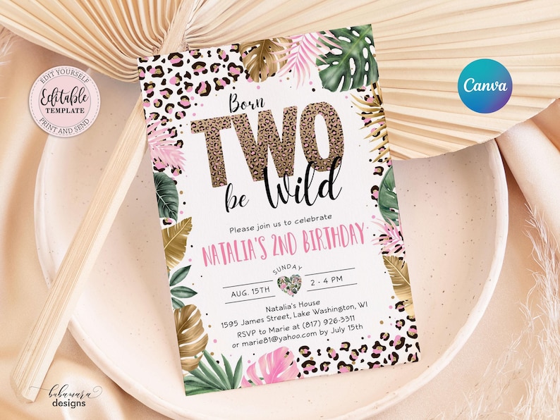 Editable Two Wild Leopard Print Invitation Girl, Jungle Birthday Party Invite, Leopard Print Safari 2nd Birthday Digital Invite CEP086 image 1