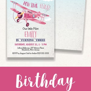 Pink Airplane Birthday Invitation Girl, Editable Plane Birthday Invitation, Girl Pilot Invitation, Blue Sky Biplane Party Invite CEP135 image 10