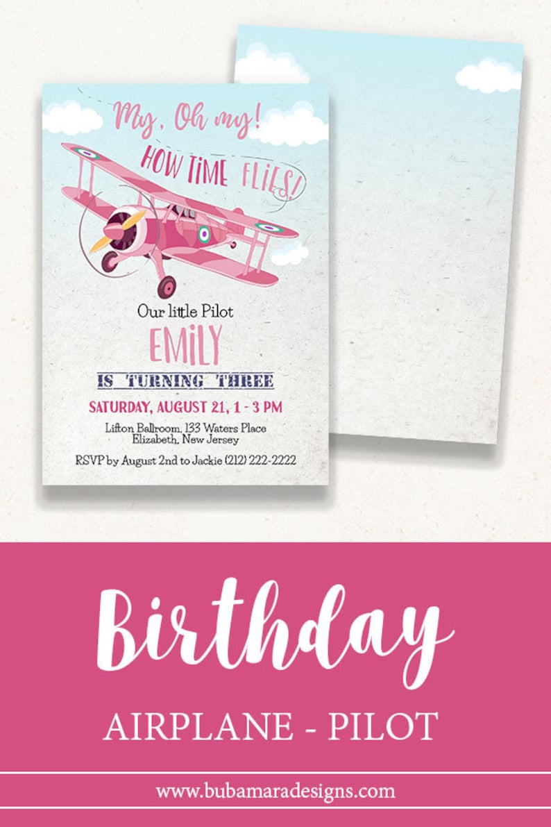 Pink Airplane Birthday Invitation Girl, Editable Plane Birthday Invitation, Girl Pilot Invitation, Blue Sky Biplane Party Invite CEP135 image 10