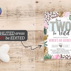 Editable Two Wild Leopard Print Invitation Girl, Jungle Birthday Party Invite, Leopard Print Safari 2nd Birthday Digital Invite CEP086 image 2