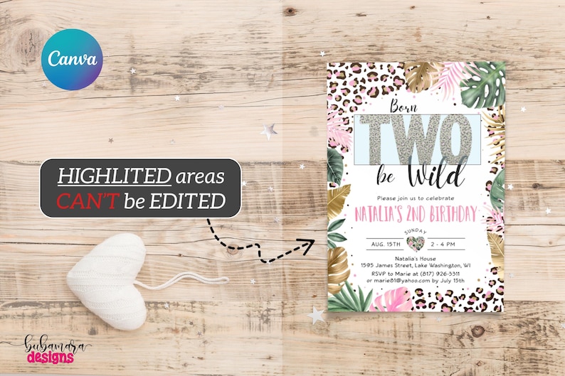 Editable Two Wild Leopard Print Invitation Girl, Jungle Birthday Party Invite, Leopard Print Safari 2nd Birthday Digital Invite CEP086 image 2