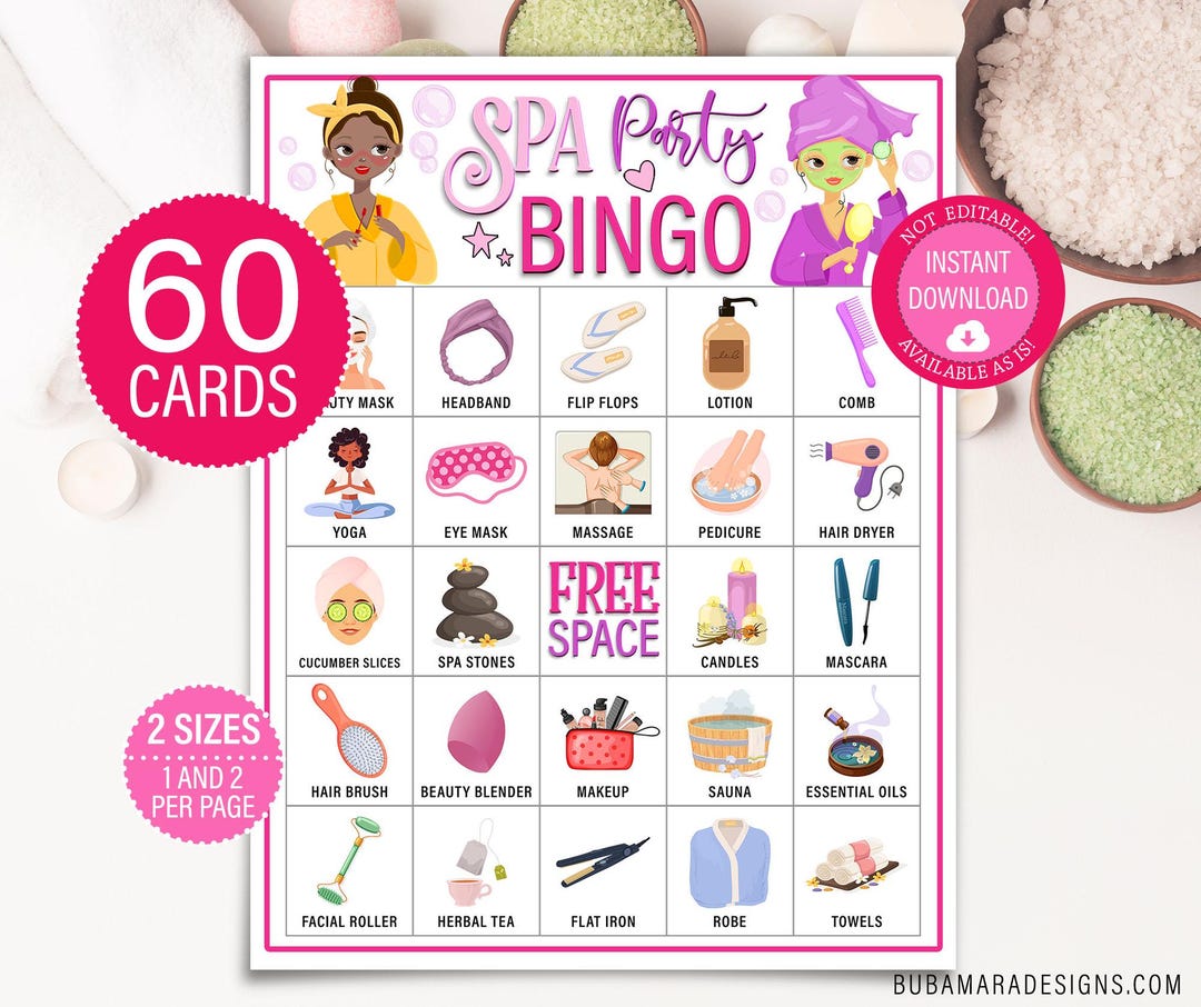 60 Spa Party Bingo, Printable Spa Birthday Bingo Cards, Kids Class ...