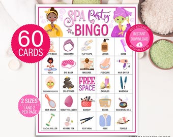 60 Spa Party Bingo, Printable Spa Birthday Bingo Cards, Kids Class Activity, Instant Download Girls Pampering Manicure Party Bingo Fun Games