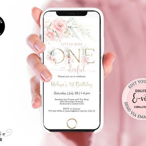 Floral Little Miss Onederful Birthday Evite, Editable First Birthday Electronic Invitation Girl, Floral 1st Birthday Digital E-vite CEP073