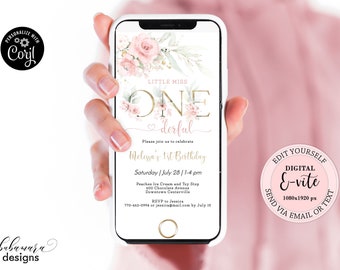 Floral Little Miss Onederful Birthday Evite, Editable First Birthday Electronic Invitation Girl, Floral 1st Birthday Digital E-vite CEP073