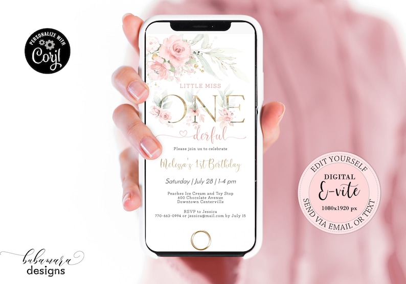 Floral Little Miss Onederful Birthday Evite, Editable First Birthday Electronic Invitation Girl, Floral 1st Birthday Digital E-vite CEP073 image 1