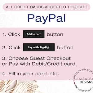 May include: A pink and white graphic with instructions on how to pay with PayPal. The text reads "ALL CREDIT CARDS ACCEPTED THROUGH PayPal". The instructions are: 1. Click "Add to cart" button, 2. Click "Pay with PayPal" button, 3. Choose Guest Checkout or Pay with Debit/Credit card, 4. Fill in your card info.