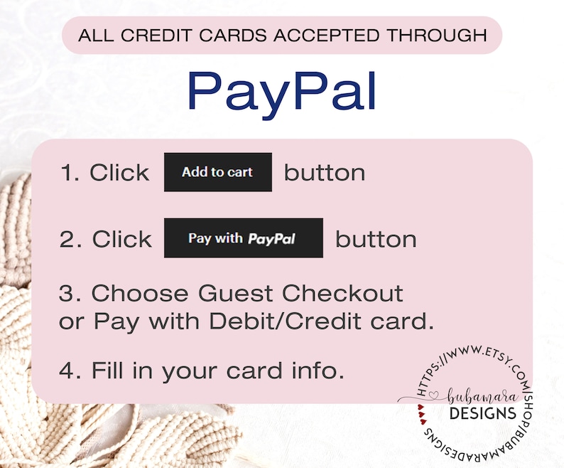 May include: A pink and white graphic with instructions on how to pay with PayPal. The text reads "ALL CREDIT CARDS ACCEPTED THROUGH PayPal". The instructions are: 1. Click "Add to cart" button, 2. Click "Pay with PayPal" button, 3. Choose Guest Checkout or Pay with Debit/Credit card, 4. Fill in your card info.