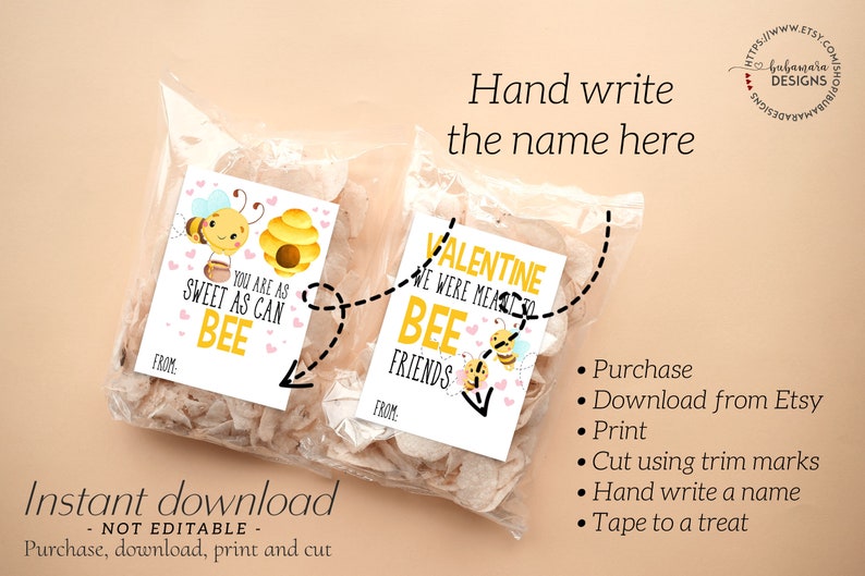 May include: Two clear cellophane bags filled with treats, each with a Valentine's Day themed tag. One tag reads "You are as sweet as can BEE" and the other says "Valentine we were meant to BEE friends".