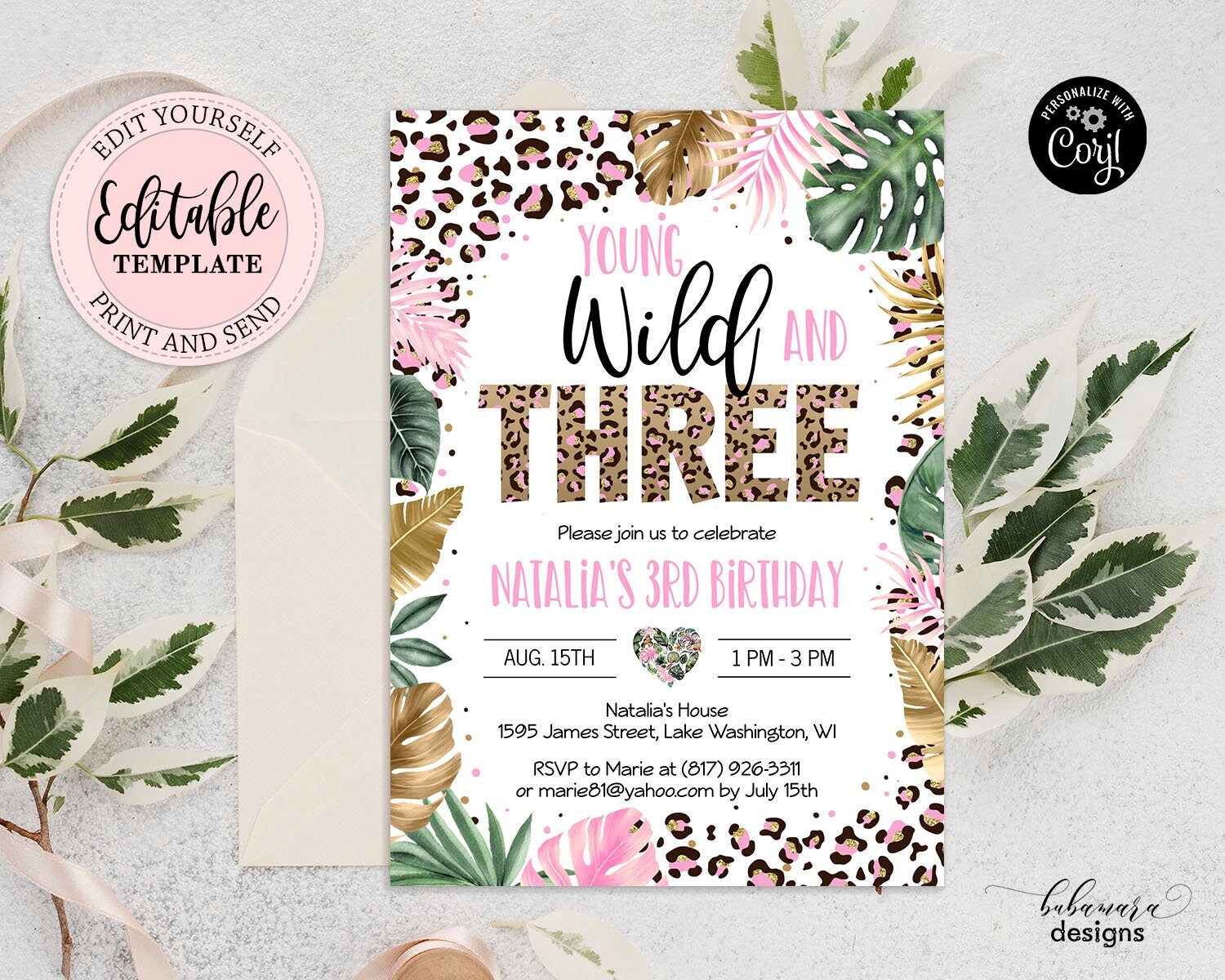 Editable Groovy Young Wild and Three 3rd Birthday Invite -  Denmark