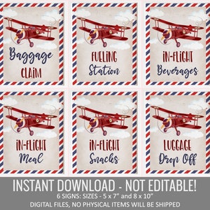 Boy Airplane 6 Baby Shower Signs Bundle, Red Aircraft Boy Baby Shower Table Signs Package, Not Editable Adventure Instant Download CEP135
