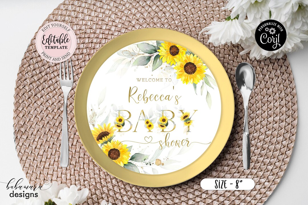 Editable Sunflowers Charger Plate Insert, Yellow Gold Charger Plate