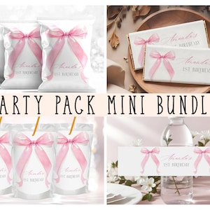 May include: A party pack mini bundle featuring white packaging with pink ribbon bows and the text "Amanda's 1st Birthday". The bundle includes bags, chocolate bars, and drink pouches, all with a matching design. A decorative banner is also included.