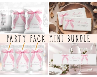 Editable Pink Bow 1st Birthday Bundle, Coquette Girl Pink Ribbon,Girls Just Wanna Be ONE, Chip Bag, Juice Box, Canva Template BD003
