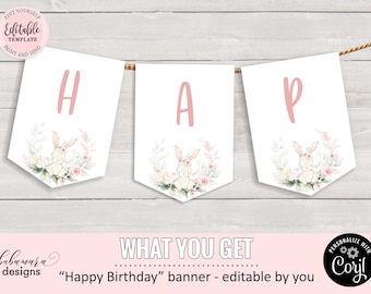 Editable Bunny Banner, Happy Birthday Bunny Banner, Blush Pink Floral Bunny Pennants, Rabbit Banner, Girl Baby Shower Banner CEP077