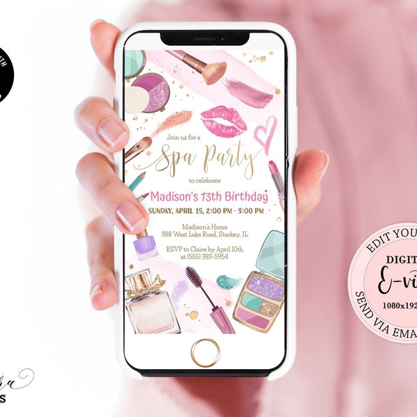 Spa Party Evite, Editable Electronic Makeup Party Digital Invitation, Tween Glam Birthday E-vite Girl, Pink Gold Digital Invite CEP079