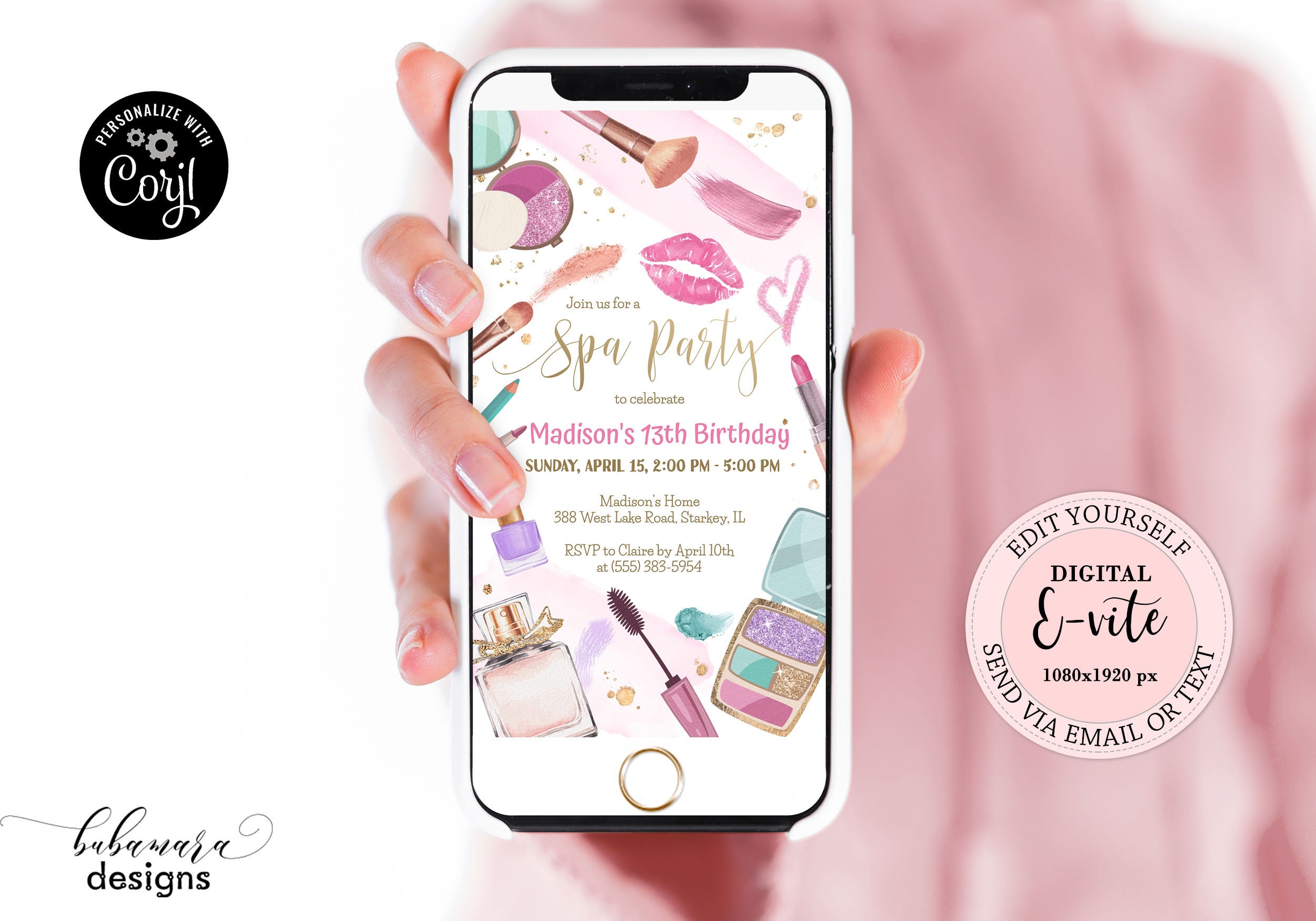 Spa Party Evite, Editable Electronic Makeup Party Digital Invitation, Tween Glam Birthday E-vite Girl, Pink Gold Digital Invite CEP079