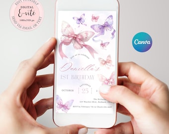 May include: A digital e-vite design for a first birthday celebration. The invitation features watercolor butterflies in shades of pink and purple. The text reads "Daniella's 1st Birthday" with the date and location details. The design is created with Canva.