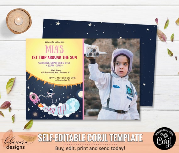 Space Birthday Invitation with Photo, Girl Birthday 1st Trip Around Sun Editable Invite, Astronaut Birthday Invite, Blast Off Rocket CEP054 Il_570xn